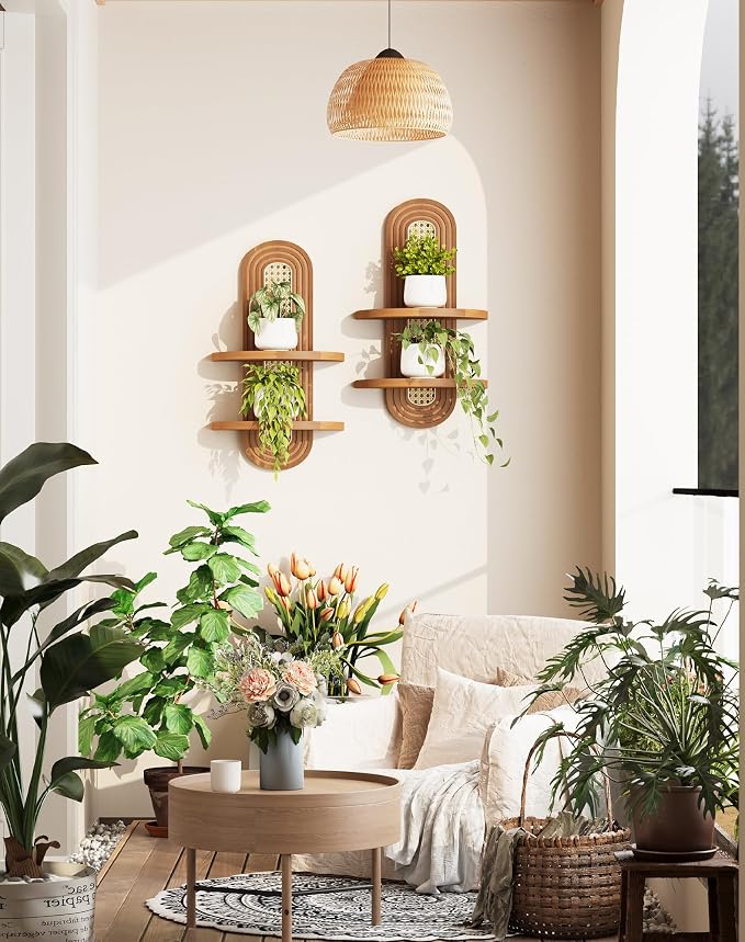 Floating Shelves for Wall, Boho Home Wall Decor, 2-Tier Rattan Plant Shelf - Image 8