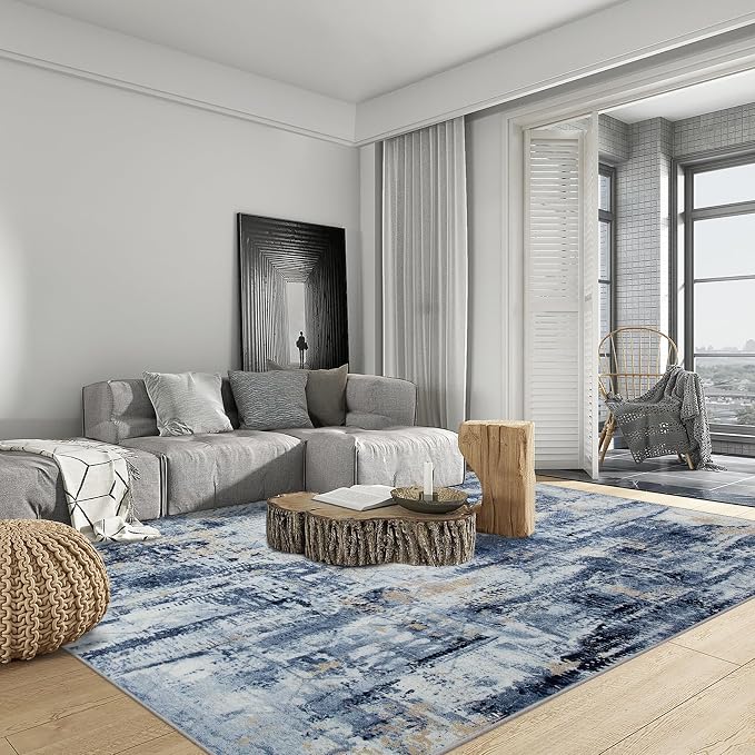 8x10 Area Rugs for Living Room: Washable Abstract Blue Gold Badroom Carpet | - Image 3
