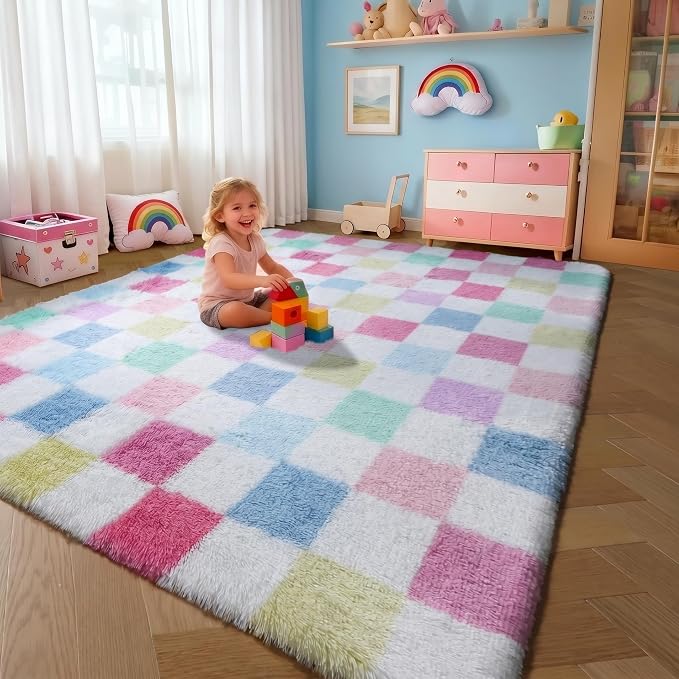 KICMOR Pink Rainbow Area Rugs for Bedroom Living Room, 4x6 Fluffy Soft Colorful by KICMOR