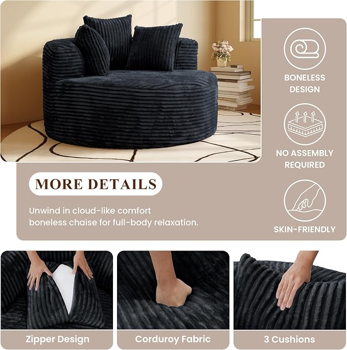 50" Round Chaise Lounge Chair Indoor, Oversized Corduroy Upholstered Boneless - Image 3