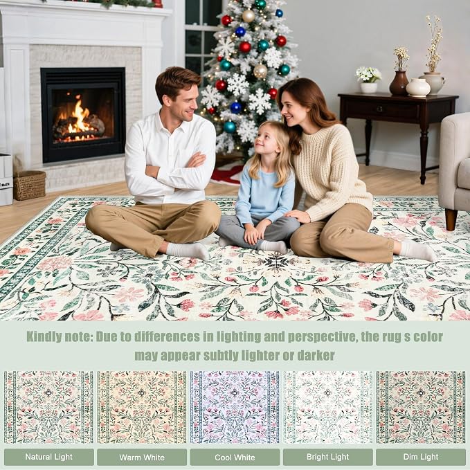 PLHXFR 3x10 Washable Runner Rug：Floral Indoor Kitchen Carpet Green Beige | - Image 9