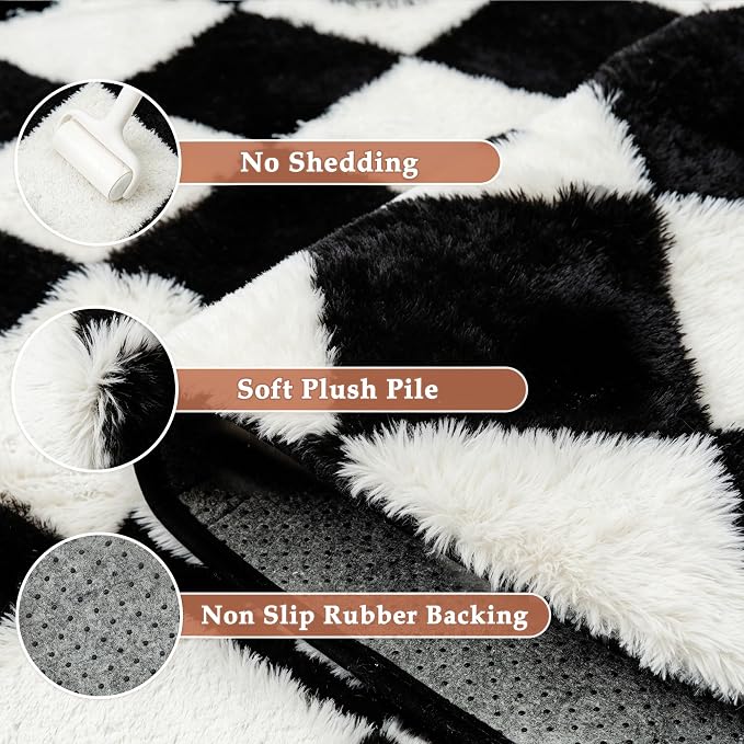 Checkered Rug 4x6 for Kids Room Black and White Soft Shag Rugs | Machine - Image 6