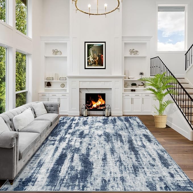 6x9 Area Rugs for Living Room: Washable Abstract Blue Grey Badroom Carpet | by GENTDRIZZ