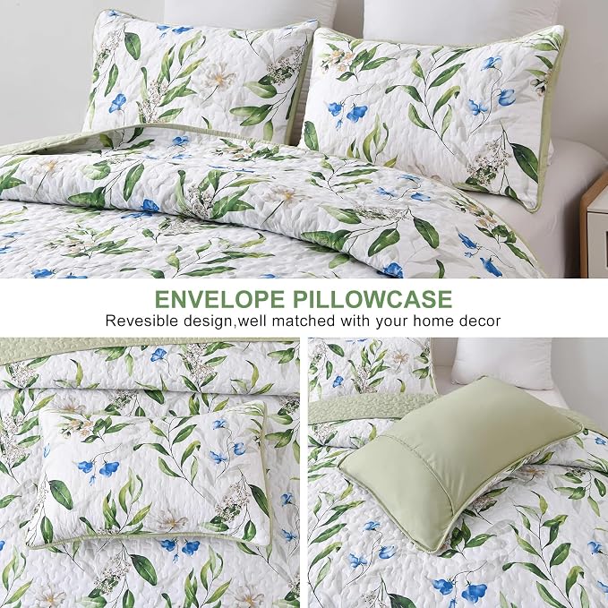 Anibedding Green Quilt Set King Size, 3 Pieces Floral Botanical Bedspread | - Image 4