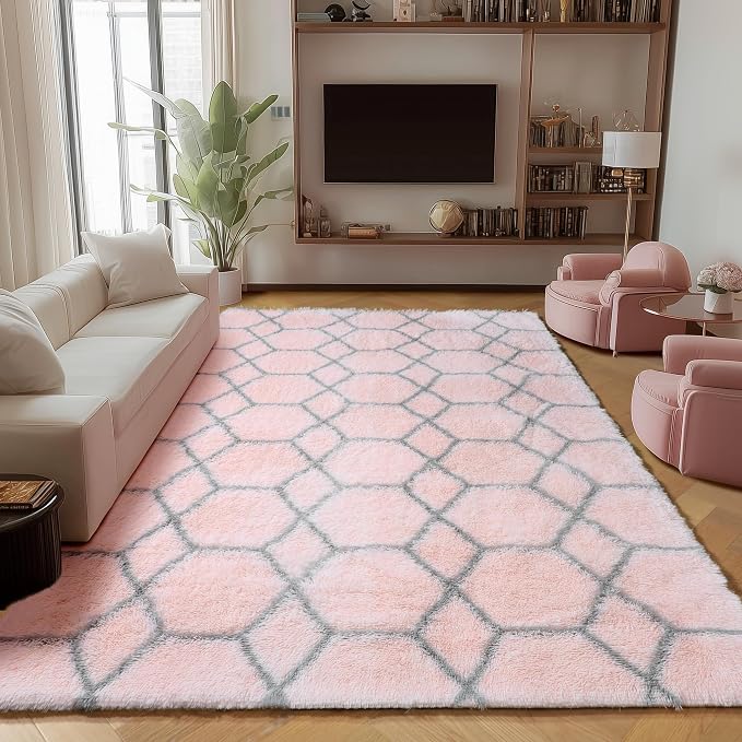 Rugs for Living Room Bedroom, 5x8 Fluffy Pink and Grey Area Rug, Geometric Boho by ONASAR