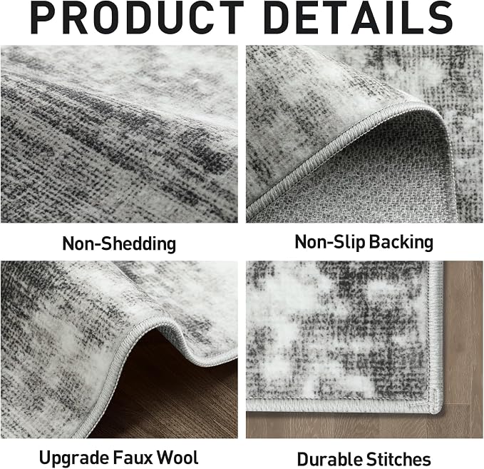 6x9 Area Rugs for Living Room: Washable Abstract Black Grey Badroom Carpet | - Image 5