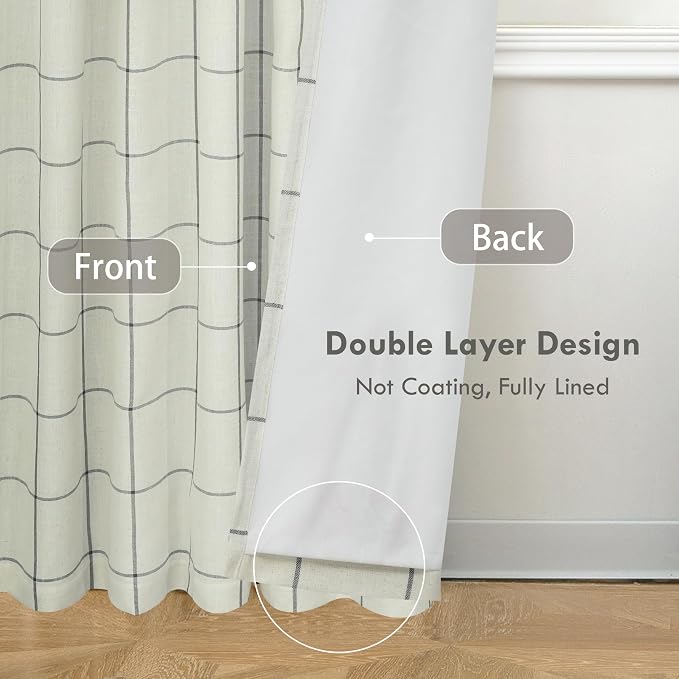 DriftAway 100% Blackout Plaid Linen Curtains 96 Inches Long 2 Panels Black | - Image 3