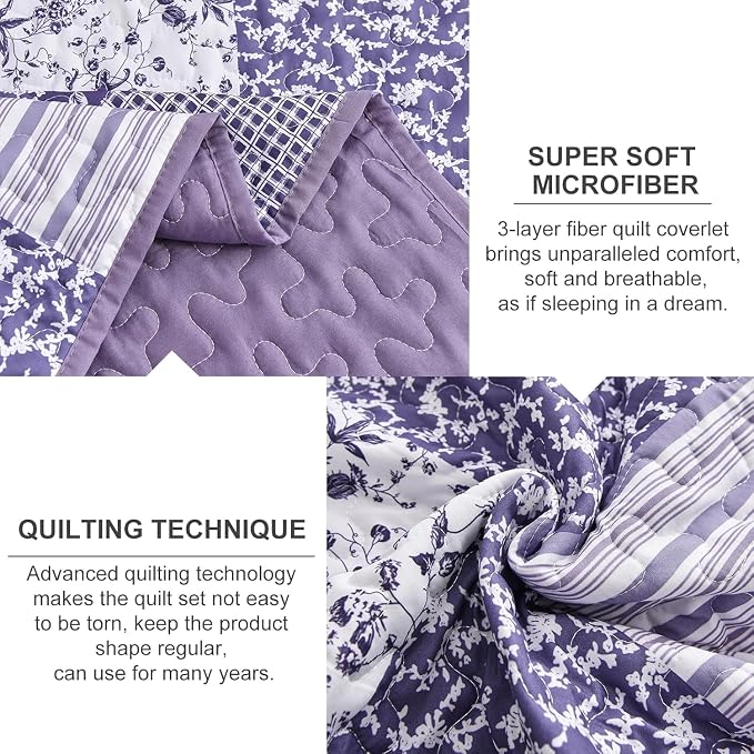 Mybedsoul Purple Quilt Set Twin Size Dorm Bedding, Patchwork Bedding Set | Soft - Image 3