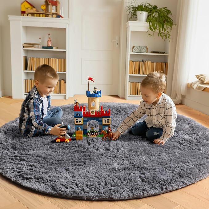 Grey Round Area Rugs 5ft, Fluffy Plush Shaggy Carpet - Image 3