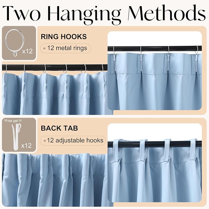 Etherealveil Light Blue Pinch Pleated Blackout Curtains 2 Panels 40"x84" | Back - Image 5