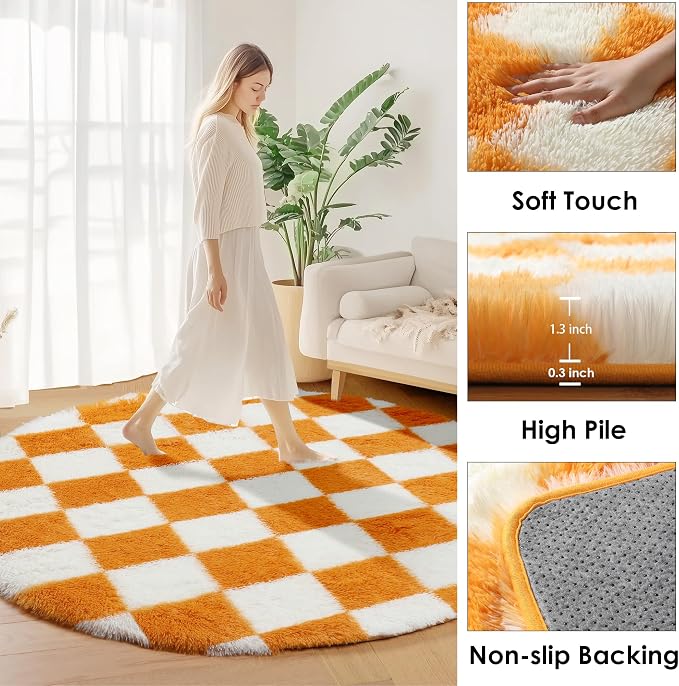 KICMOR Round Rugs 5ft Orange and Cream White Circle Area Rug, Fluffy Soft Fuzzy - Image 2