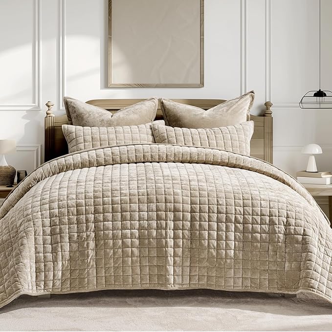 RECYCO Channel Box Stitch Velvet Quilt Set, Full Queen Size, Urban Taupe | by RECYCOHOMECOLLECTION