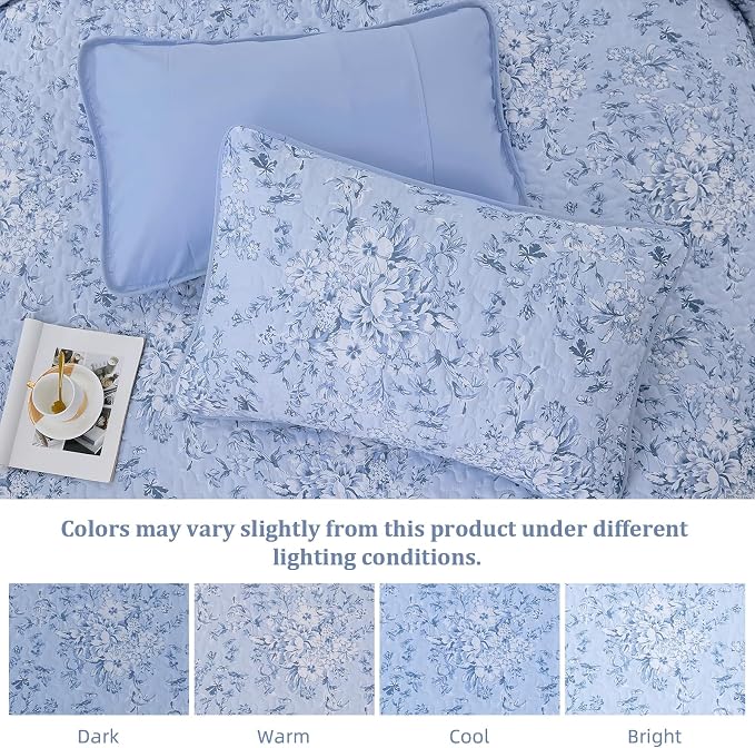 WONGS BEDDING Botanical King Quilt Bedding Set, Soft Blue Bedspread | Floral - Image 6