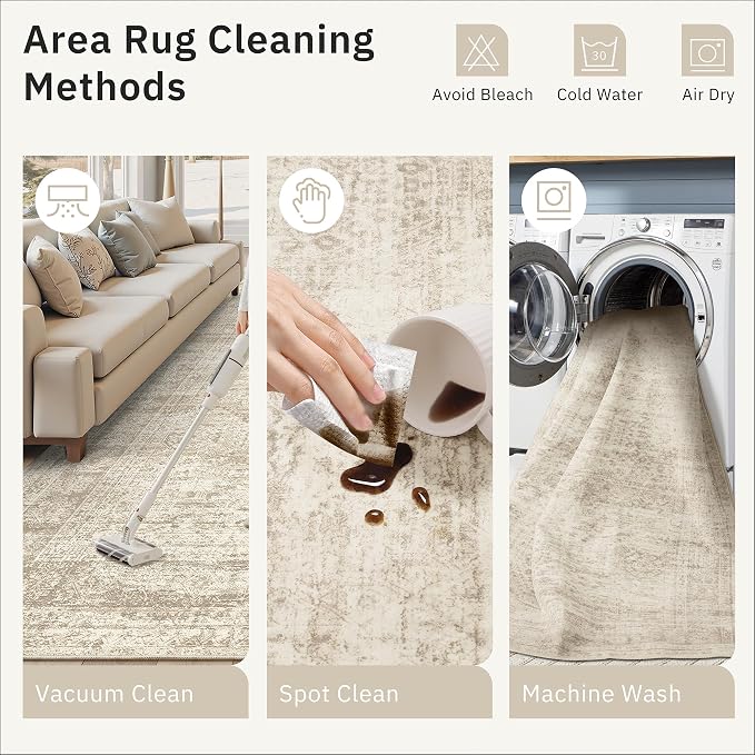 Soalmost Round Rugs 9ft Living Room Circle Area Rug 9x9 Beige Vintage | - Image 8
