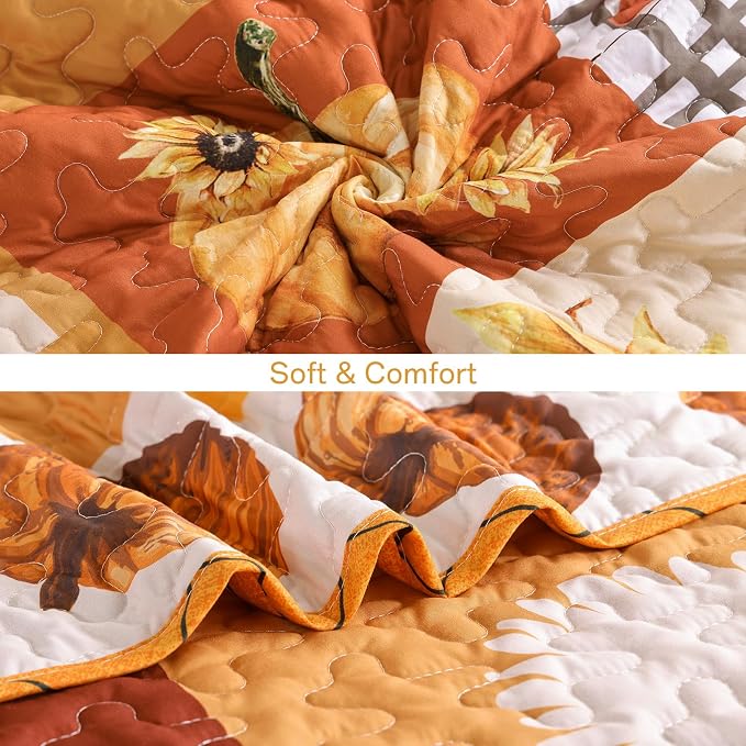 WONGS BEDDING Fall Thanksgiving Queen Quilt, Pumpkin Maple Leaves Bedspread | - Image 4