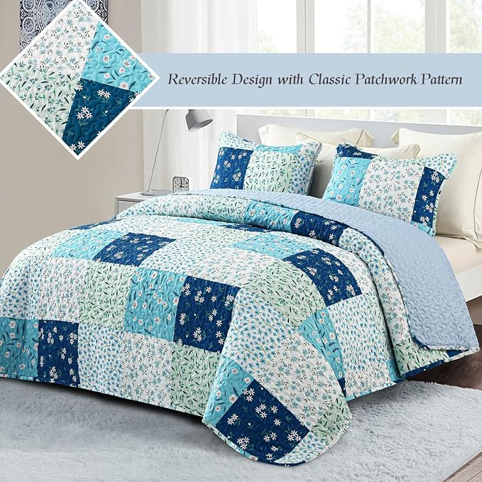 Whale Flotilla Patchwork Quilts Queen Size, Extra Soft Floral Bedspreads | Blue - Image 2