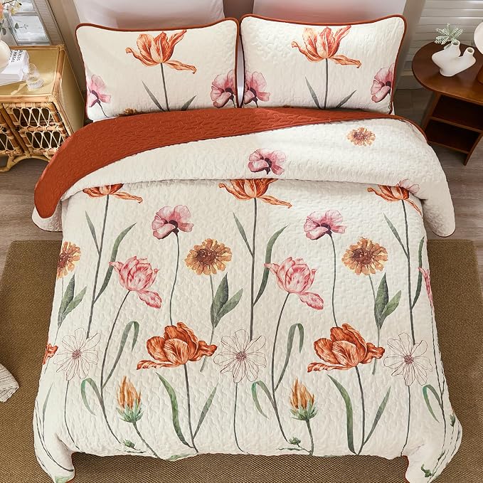 WONGS BEDDING Floral Quilt Set King, Shabby Chic Terracotta Cream Floral - Image 3