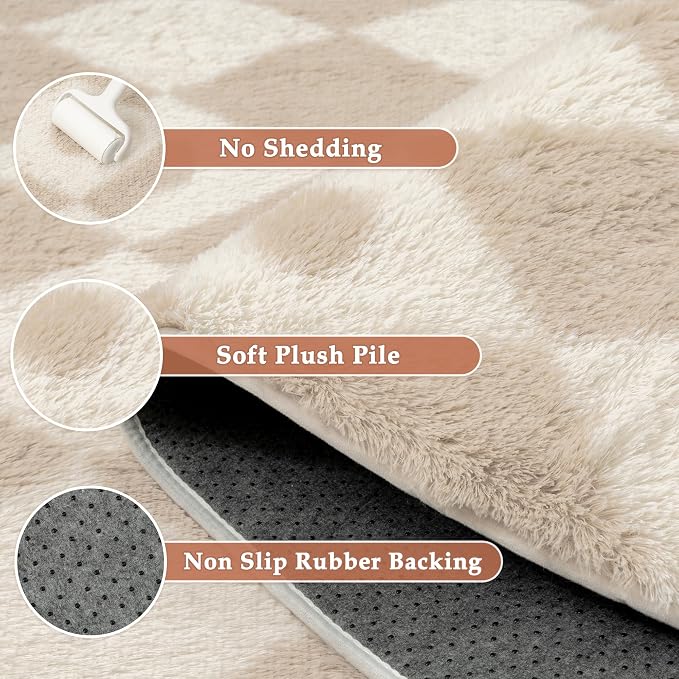 Beige 9x12 Area Rug for Living Room Soft Checkered Shag Carpet | Machine - Image 6