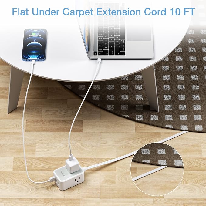 TESSAN Small Flat Plug Power Strip, Ultra Thin Extension Cord 10 ft, Wall - Image 3