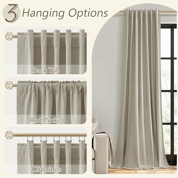 100% Blackout Linen Curtains for Bedroom 96 inches Long 8 FT, Thermal Insulated - Image 6
