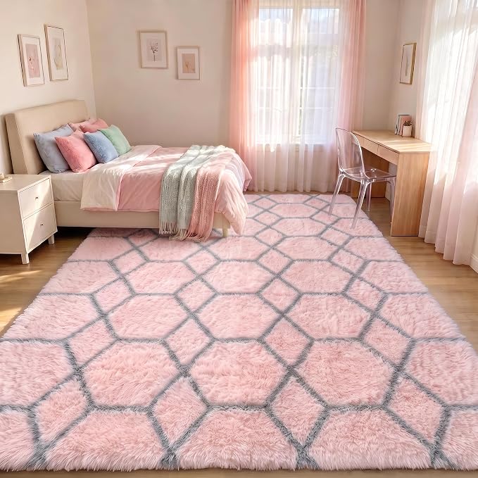 Rugs for Living Room Bedroom, 5x8 Fluffy Pink and Grey Area Rug, Geometric Boho - Image 7