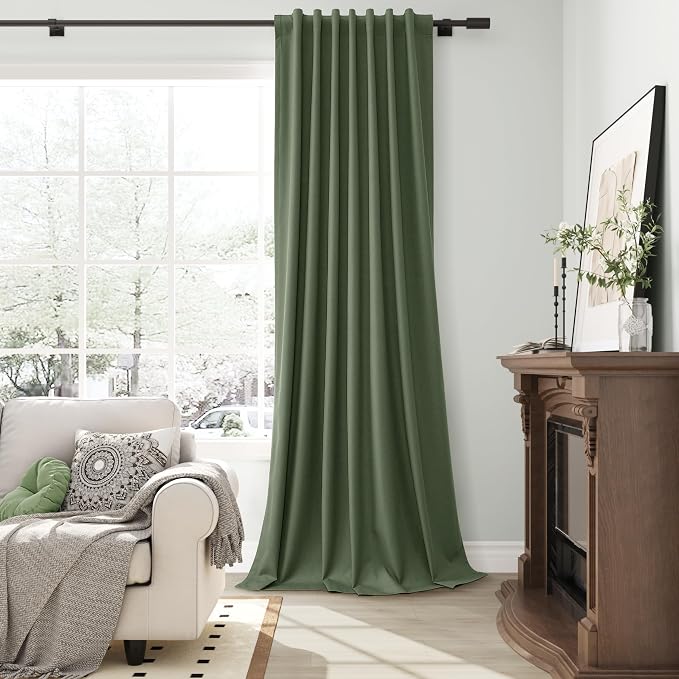 Forest Green 100% Blackout Linen Textured Curtains 102 Inches Long 2 Panels Set - Image 6