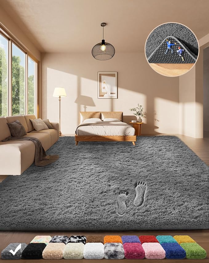 Ophanie Area Rugs for Living Room Bedroom, Washable Non-Slip Fluffy Soft Grey by Ophanie