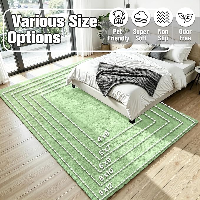 6x9 Fluffy Area Rug for Living Room: Non-Slip Light Green Bedroom Carpet | - Image 8