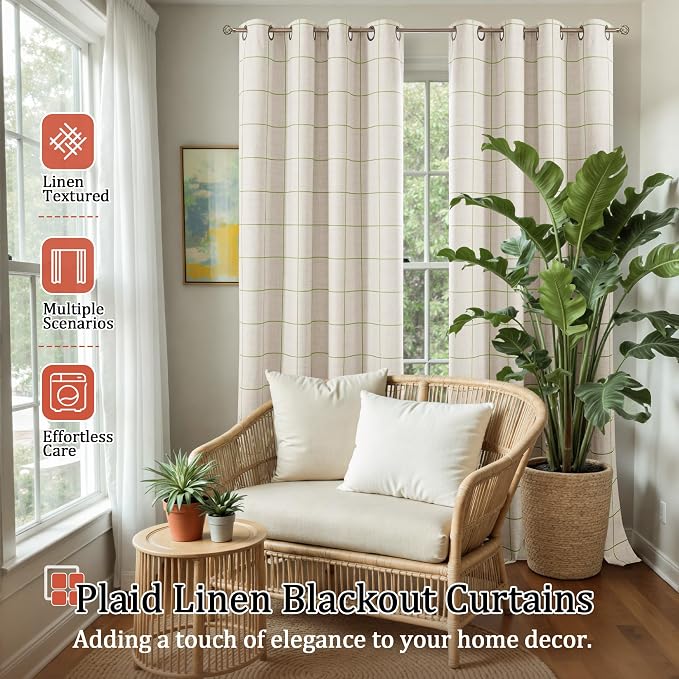 Plaid Curtains 90 Inches Long, 2 Panels Each 52 Wide, Sage | Linen Textured - Image 2