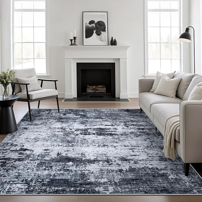 Area Rug Living Room: 8x8 Modern Washable Indoor Carpet Black | by FXRHLP