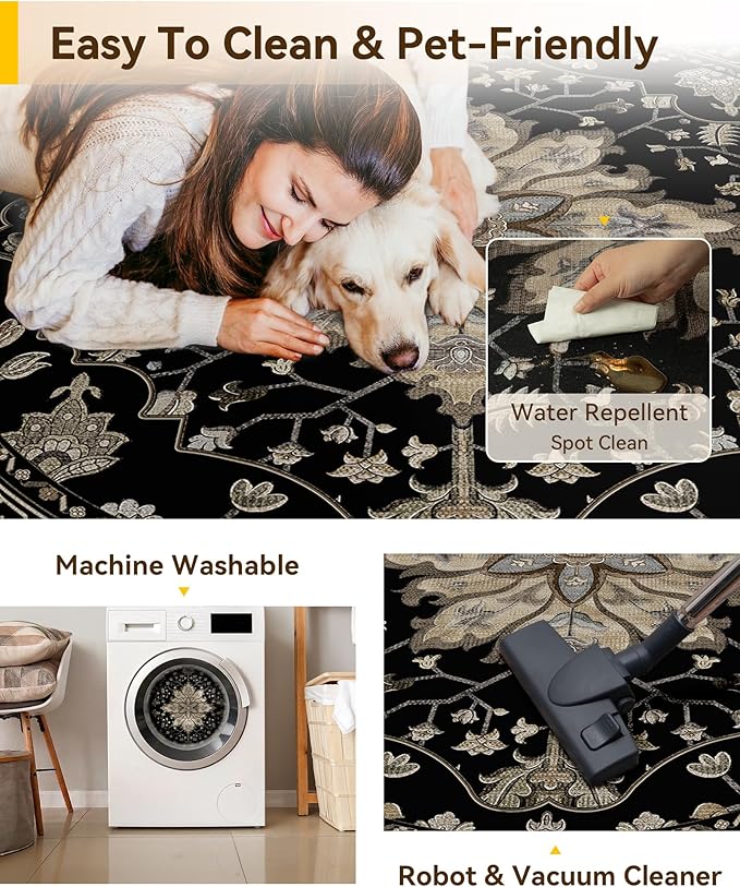 RELEANY Washable Area Rug, Round 4ft, Water Repellent, Pet Friendly, Vintage - Image 4