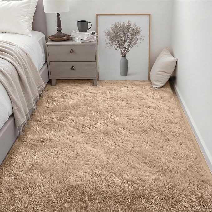 Area Rug Living Room Bedroom: 5x7 Fluffy Plush Shag Carpet Beige | - Image 3