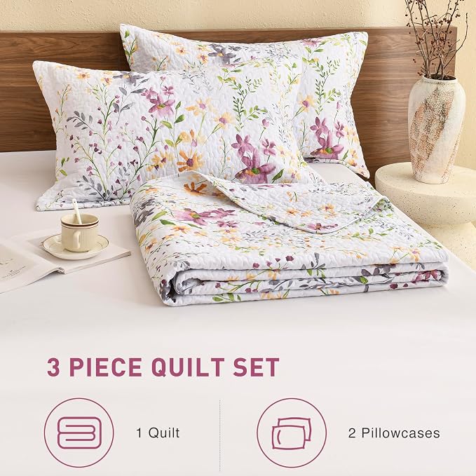 Lady Ann Wild Floral Printed Bed Quilt Sets Queen 100% Cotton Yellow Flower - Image 2