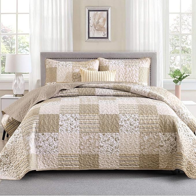 Mybedsoul Beige Boho Quilt Set Full Size, 3 Pieces Plaid Floral Bedspread Set by Mybedsoul