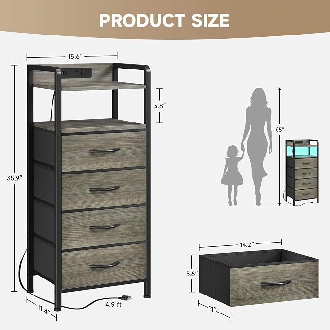 Lazzanto Nightstand with Rear Charging Station, LED Light, 4 Drawers, 2 USB-A - Image 3