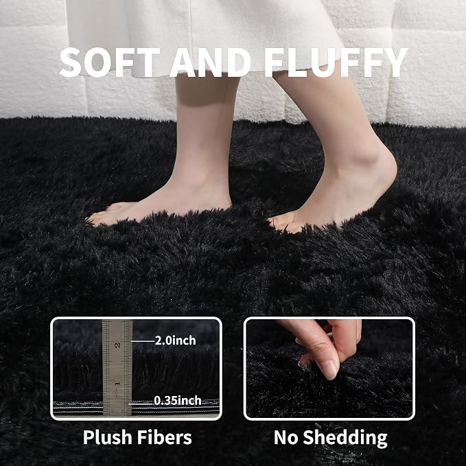 6x9 Black Shag Rug for Bedroom, Soft Plush Fluffy Washable Carpet | Black Area - Image 3