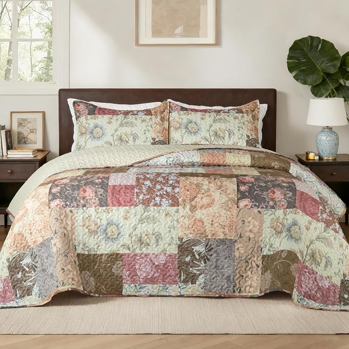 Whale Flotilla Patchwork Quilts Queen Size, Extra Soft Floral Bedspreads | by WHALEFLOTILLA