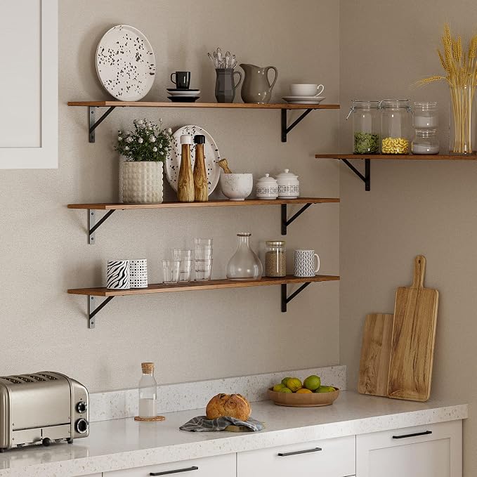 Long Wall Shelves, 55.1Inch Wooden Wall Mounted Shelves, Metal Brackets - Image 5