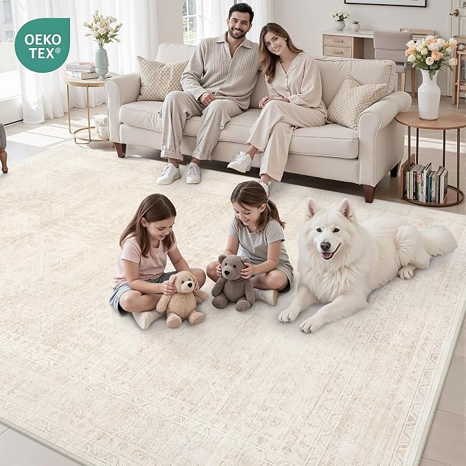 6x9 Area Rugs Living Room: Bedroom Neutral Washable Carpet Beige | Large - Image 8