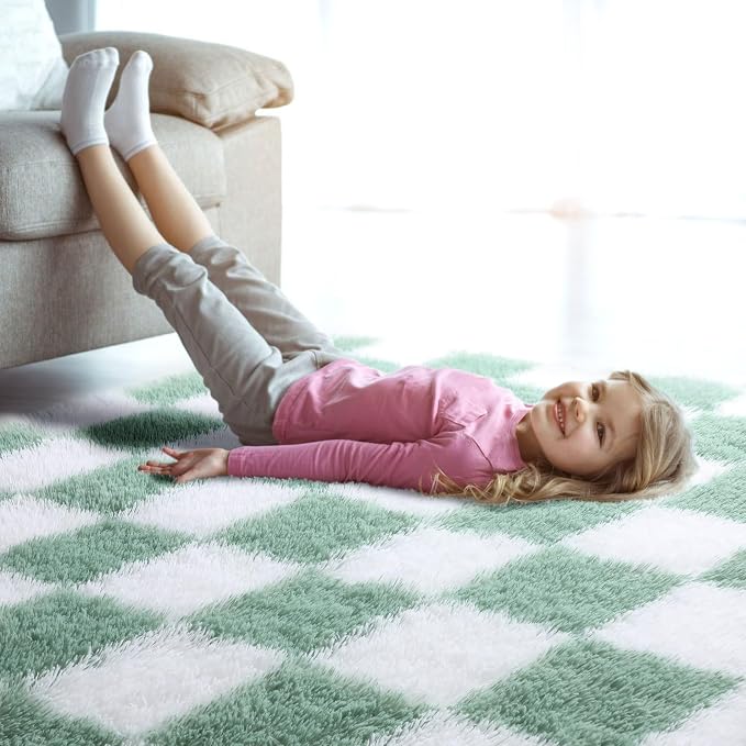 KICMOR Living Room Rugs 5x8 Sage Green and White, Large Fluffy Furry Shaggy - Image 9