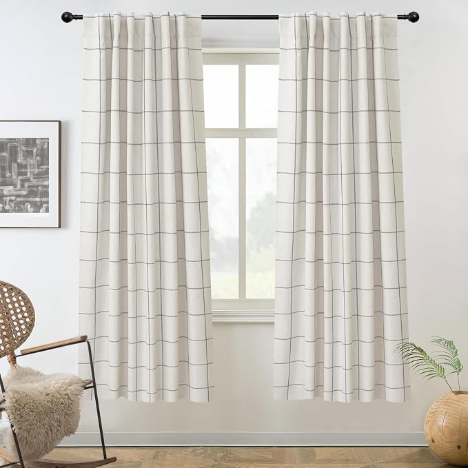 DriftAway 100% Blackout Plaid Linen Curtains 63 Inches Long 2 Panels Gray | by DriftAway