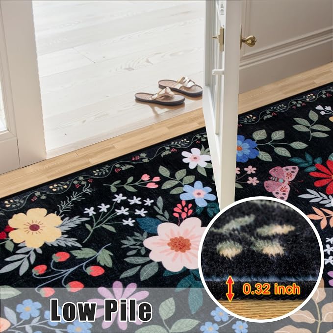 PLHXFR Area Rug 10x12 Living Room: Floral Washable Boho Soft Carpet Black | - Image 8