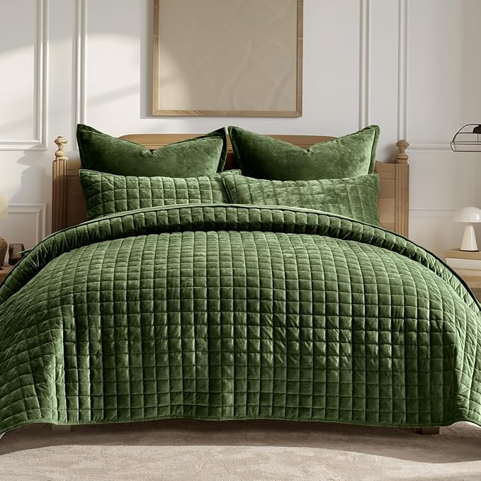 RECYCO Channel Box Stitch Velvet Quilt Set, King Size, Loden Green | Ultra Soft by RECYCOHOMECOLLECTION