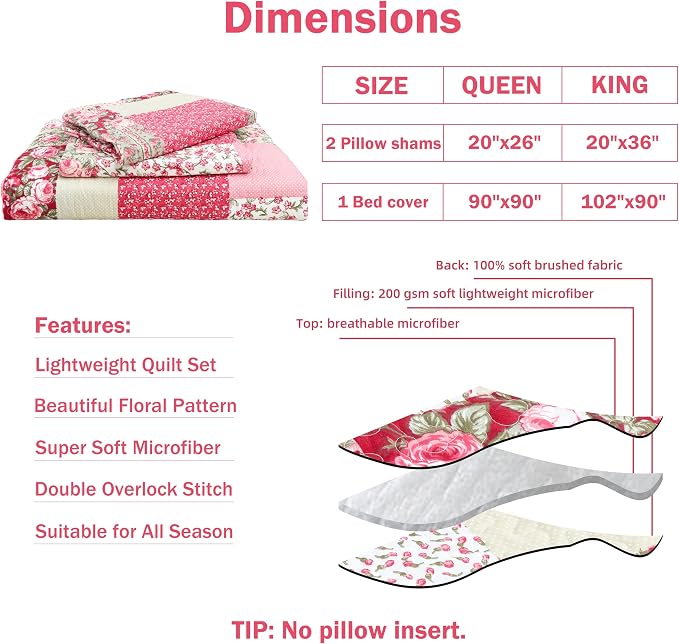 Cmfshape Summer Floral Queen Quilted Bedspread, Romantic Pink Quilt Set Full - Image 6