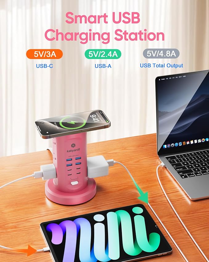Power Strip Tower, kakyanill Charging Station 9 AC Outlets 8 USB Ports | 6 Ft - Image 4