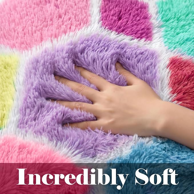 Checkered 8x10 Area Rugs for Living Room, Large Fluffy Pink Rainbow Colorful - Image 2
