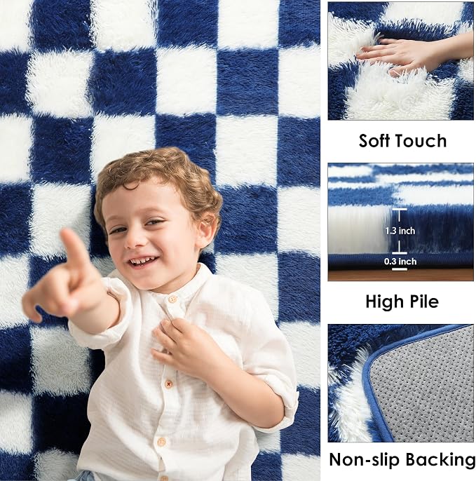 KICMOR Rugs for Living Room, Soft Fluffy Checkered Shag 5x8 Area Rug Large Big - Image 2