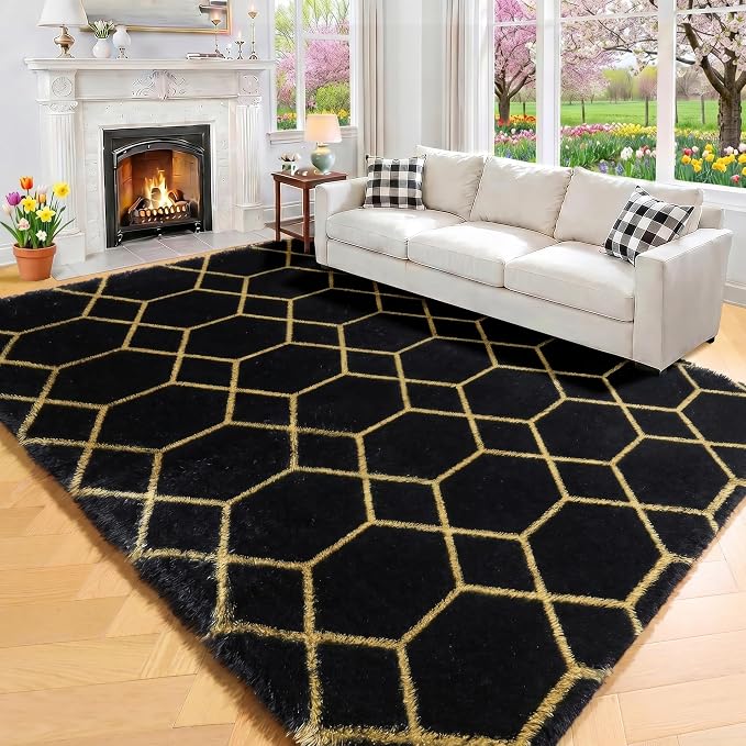 Area Rugs for Bedroom Living Room, 4x6 Fluffy Black and Gold Throw Rug by ONASAR