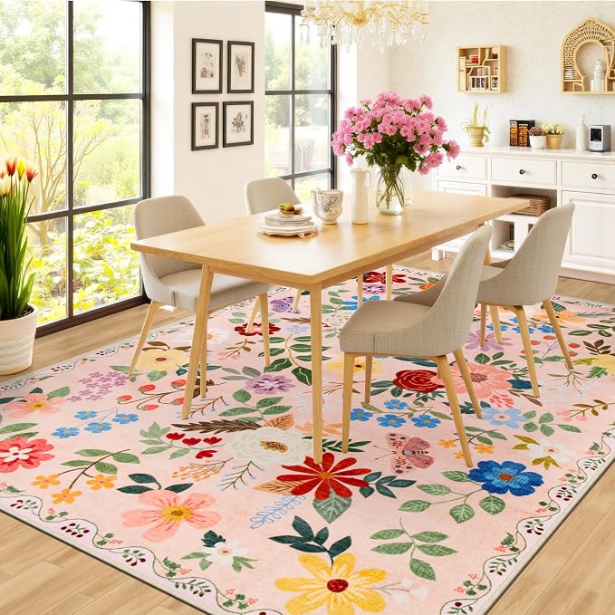 PLHXFR Area Rug Living Room: 4x6 Floral Washable Boho Soft Carpet Beige | - Image 4