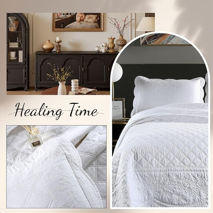 ROOMLIFE Quilt Set King Size 3D Floral Embroidery Pattern 3-Piece Cotton - Image 6